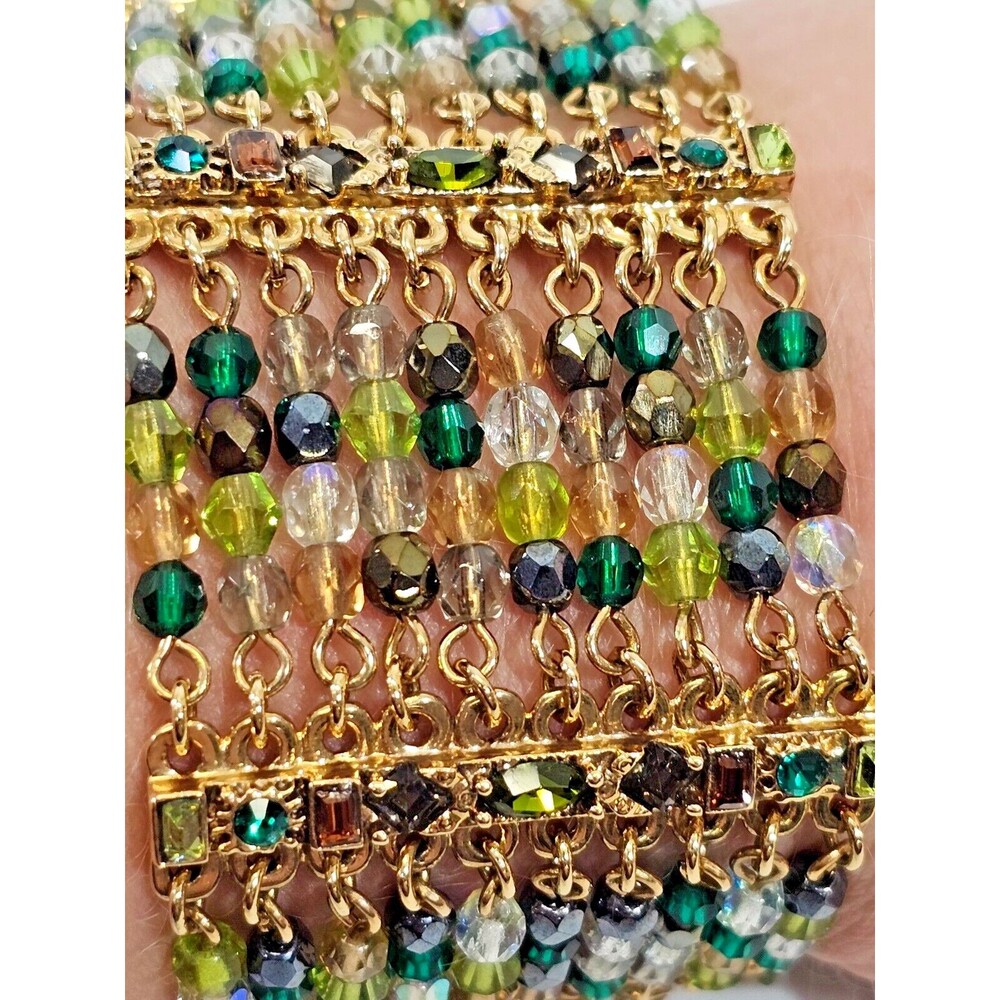 St. John Evening Gold Plate 1.5"W Statement Green Crystal Bracelet 7.5"L EUC - Picture 2 of 8